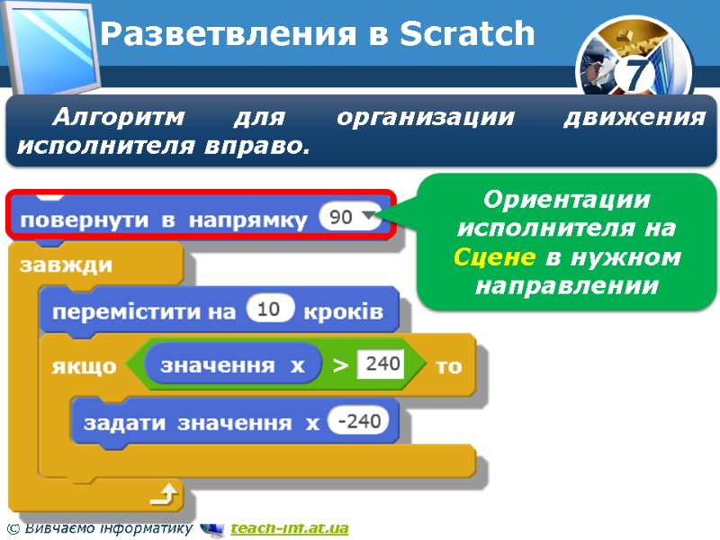 Разветвления в Scratch Алгоритм для организации движения исполнителя вправо. Ориентации исполнителя на Сцене в Разветвления в Scratch Алгоритм для организации движения исполнителя вправо. Ориентации исполнителя на Сцене в